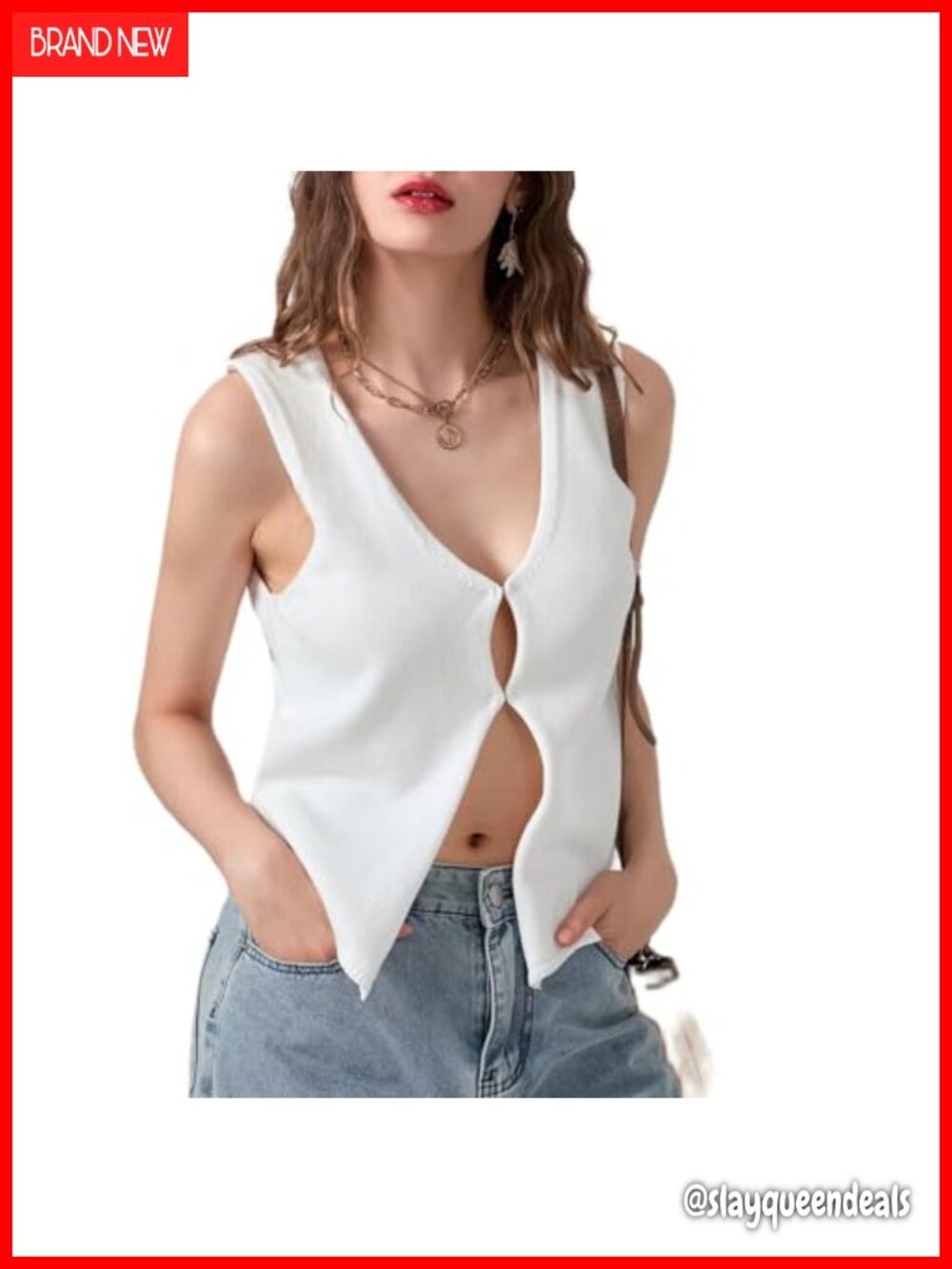 Crochet Knit Vest Top Y2K V Neck Sleeveless Button Down Casual Streetwear